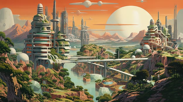 Science fiction landscape with retro futuristic sunny city on the vintage sci-fi planet. Generated AI