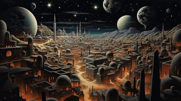 Retro futuristic city in the old school sci-fi art scene. Retro space landscape with city. Generated AI
