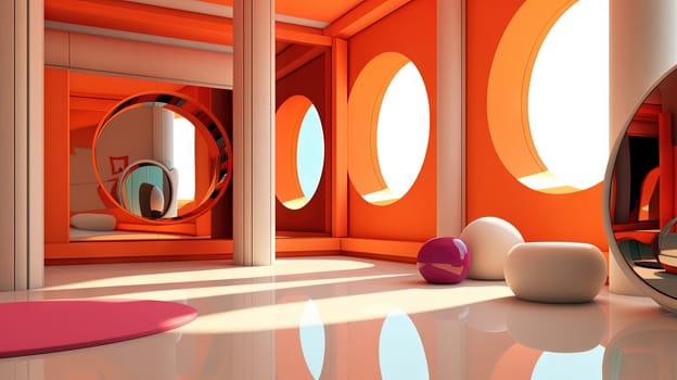 Spaceship or lab interior in retro futuristic sci-fi style with round doors. Generated AI