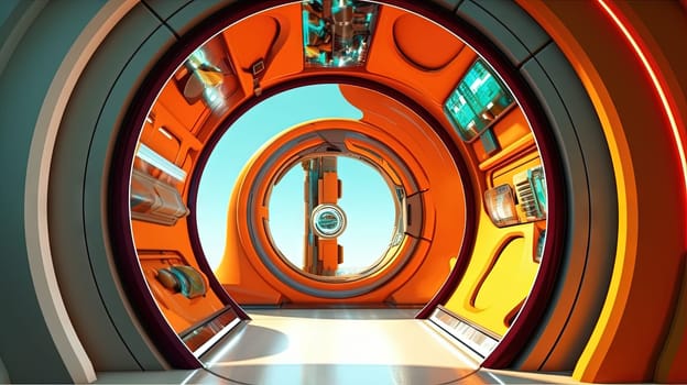 Spaceship or lab interior in retro futuristic sci-fi style with round doors. Generated AI
