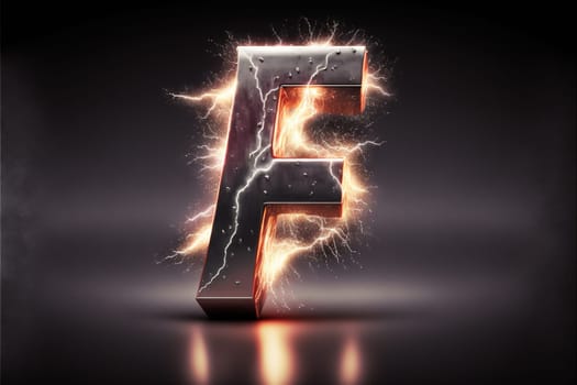 Metallic letter F with electric sparkles and lighning bolts effect. Generated AI