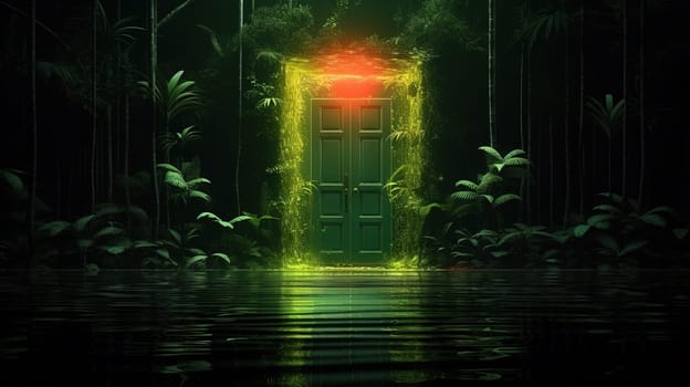 Mysterious door or portal with neon light in the jungle in synthwave style. Generated AI
