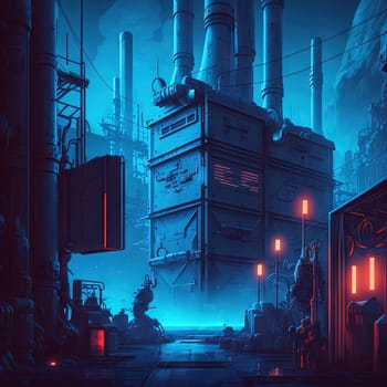 Synthwave retro landscape in 80s style with old factory in industrial city district and neon lights. Generated AI
