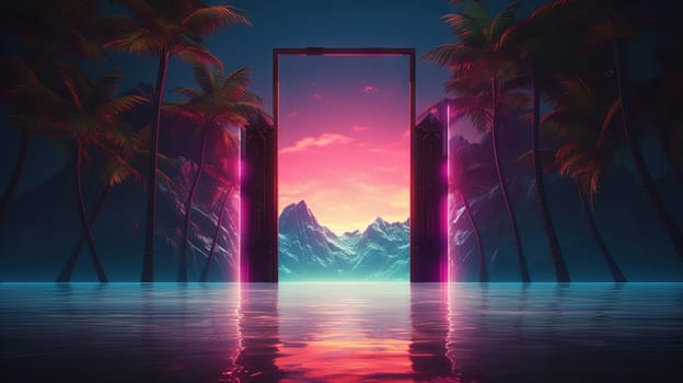 Mysterious door or portal with neon light in the jungle in synthwave style. Generated AI