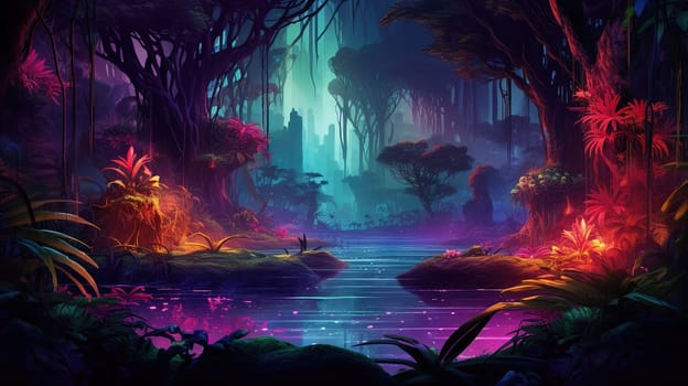 Magic forest with blue and purple neon colors and glowing. Mysterious pathway in the jungle. Generated AI