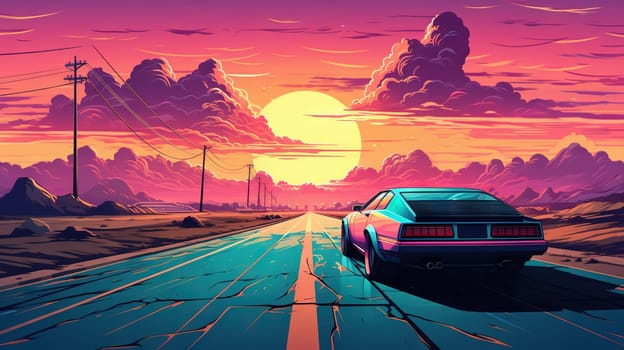 Car ride on the morning road in 80s retro synthwave or 00s vaporwave style. Generated AI