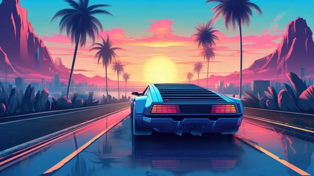 Car ride on the morning road in 80s retro synthwave or 00s vaporwave style. Generated AI