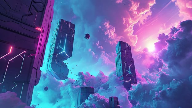 Vibrant sci-fi scene with synthwave styled towers in breathtaking perspective. Futuristic cyberpunk city in blue and purple colors. Generated AI
