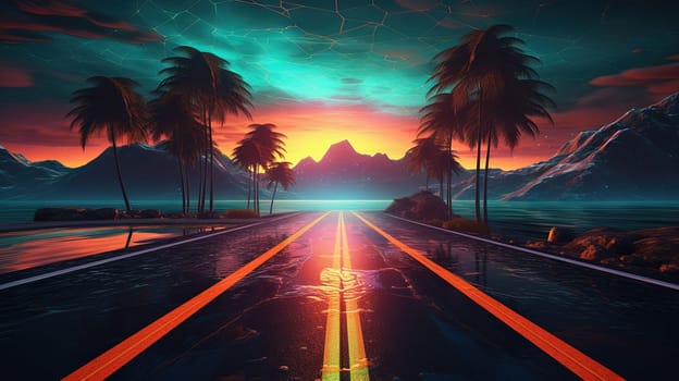 Road to horizon in synthwave style. 80s styled purple and blue synthwave highway landscape. Generated AI
