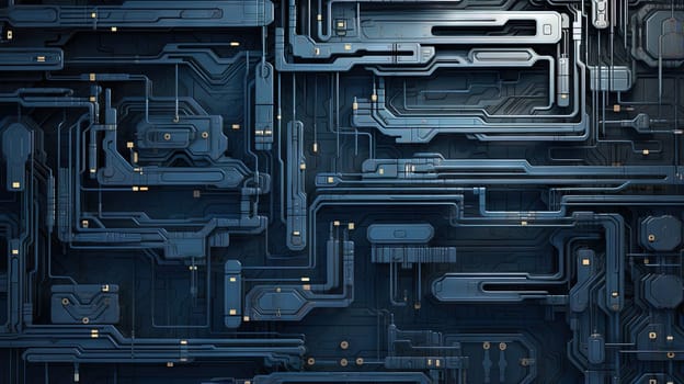 Background with metallic panels texture, wires and circuit. Spaceship hull wall technology background. Generated AI
