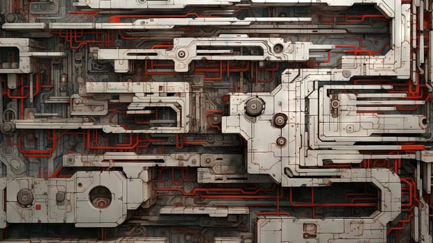 Background with metallic panels texture, wires and circuit. Spaceship hull wall technology background. Generated AI