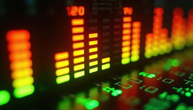 Digital audio spectrum analyzer with illuminated frequency levels in green, yellow and red on a dark background. Concept of sound data visualization. Generated AI.