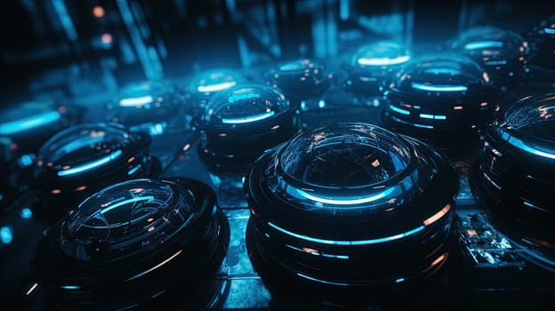 Technology abstract background with hud styled round interface elements in neon tech light. Generated AI