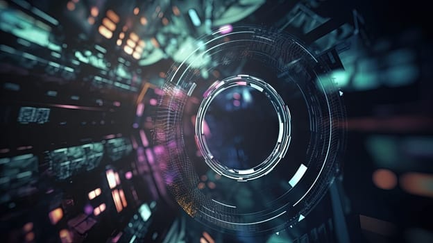 Technology abstract background with hud styled round interface elements in neon tech light. Generated AI
