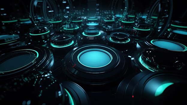 Technology abstract background with hud styled round interface elements in neon tech light. Generated AI