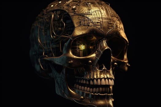 Realistic robot or cyborg skull with electric circuits and futuristic micro chips. Generated AI.