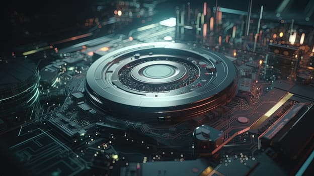 Technology abstract background with hud styled round interface elements in neon tech light. Generated AI