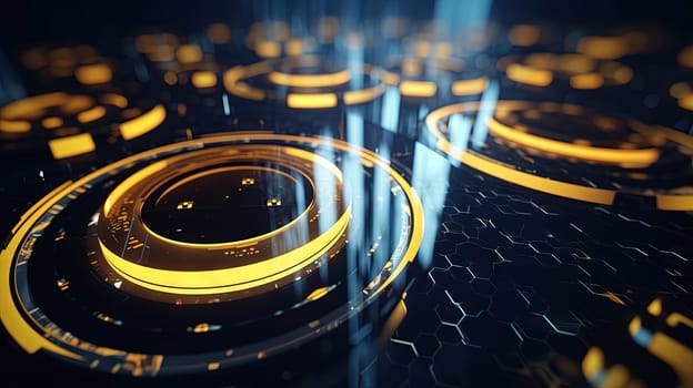 Technology abstract background with hud styled round interface elements in neon tech light. Generated AI