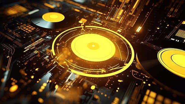 Technology abstract background with hud styled round interface elements in neon tech light. Generated AI