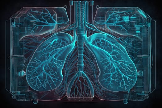 Artificial implant science concept with technological AI lungs on the circuit board. Generated AI