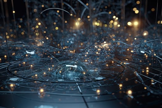 Abstract burst of wires and particles on technology background. Scientific abstraction with mess of wires. Generated AI