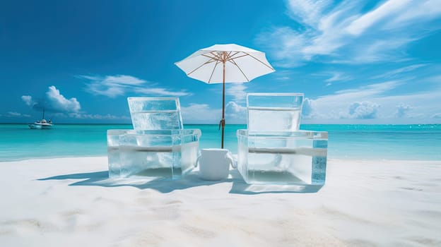 Couple of ice deck chairs on the beach, refreshing concept. Vacation on the hot shore with cold chairs. Generated AI