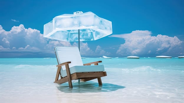 Ice chair on the beach, refreshing concept. Vacation on the hot shore with cold chair. Generated AI