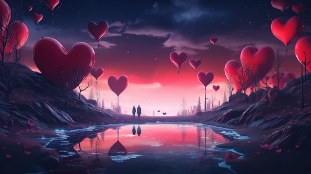 Valentine Day greeting card with surreal romantic landscape full of hearts. Generated AI