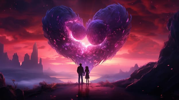 Valentine Day card with loving couple looking at the beautiful heart symbol on the romantic and magic surreal landscape. Generated AI