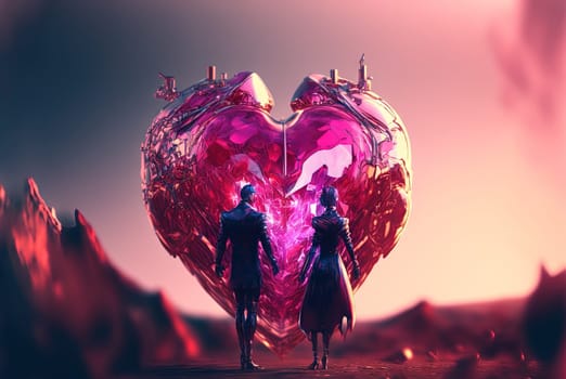 Valentine's Day scene with 3D couple and heart on the background. Surreal landscape with heart-shaped figure in vibrant dreamy colors. Generated AI.