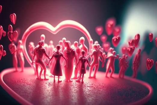 Valentine's Day celebration surreal 3D scene with people on the party and heart figures. Generated AI.