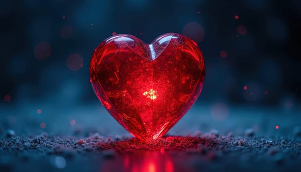 Faceted crystal heart with a red glow, surrounded by soft bokeh lights, creating a warm and romantic atmosphere. Generated AI.