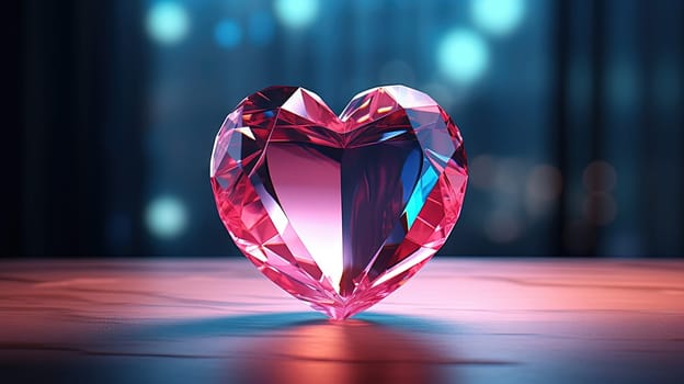 Faceted red diamond heart with glowing light for Valentine's Day sale or gift. Crystal gem heart. Generated AI.