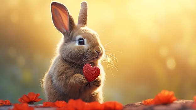 Cute fluffy rabbit hugging red heart. Valentine's Day greetings from romantic bunny holding heart. Generative AI