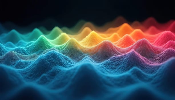 Abstract colorful wave pattern with textured peaks in a dark background, resembling a rainbow landscape. Generated AI.