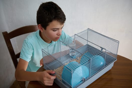 A boy watches closely as he interacts with his small pet housed in a wire cage, showcasing their bond and care. The setting is a simple indoor environment that emphasizes their connection.