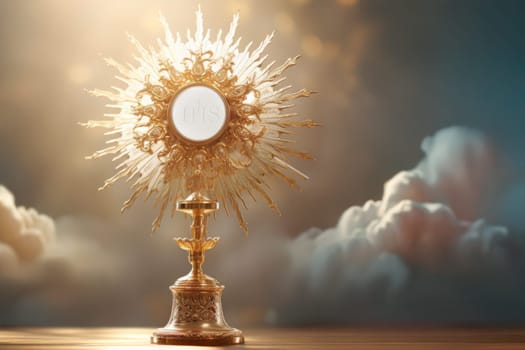Eucharistic body of Christ. Monstrance embodying spiritual reverence. Consecrated host for adoration. Consecration and Lord’s Prayer. Monstrance on the altar. Catholic mass. Sacred bread. Holy Communion. IHS