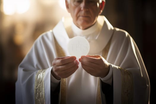 Eucharistic body of Christ. Priest holding a chalice with consecrated hosts during a mass celebration. Holy Communion. The elevation of the goblet with the blessed sacrament during the Catholic Liturgy of the Eucharist. Sacred bread. IHS