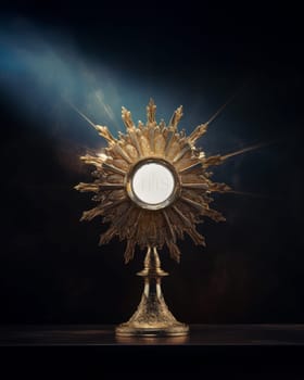 Eucharistic body of Christ. Monstrance embodying spiritual reverence. Consecrated host for adoration. Consecration and Lord’s Prayer. Monstrance on the altar. Catholic mass. Sacred bread. Holy Communion. IHS