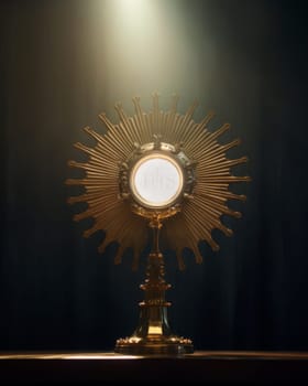 Eucharistic body of Christ. Monstrance embodying spiritual reverence. Consecrated host for adoration. Consecration and Lord’s Prayer. Monstrance on the altar. Catholic mass. Sacred bread. Holy Communion. IHS