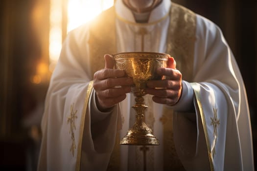 Eucharistic body of Christ. Priest holding a chalice with consecrated hosts during a mass celebration. Holy Communion. The elevation of the goblet with the blessed sacrament during the Catholic Liturgy of the Eucharist. Sacred bread. IHS