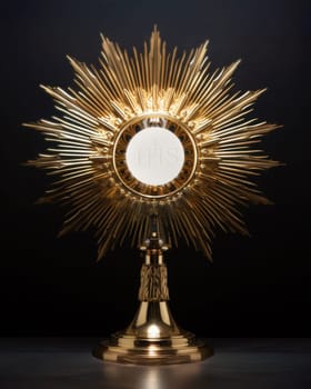 Eucharistic body of Christ. Monstrance embodying spiritual reverence. Consecrated host for adoration. Consecration and Lord’s Prayer. Monstrance on the altar. Catholic mass. Sacred bread. Holy Communion. IHS