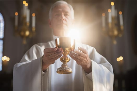 Eucharistic body of Christ. Priest holding a chalice with consecrated hosts during a mass celebration. Holy Communion. The elevation of the goblet with the blessed sacrament during the Catholic Liturgy of the Eucharist. Sacred bread. IHS