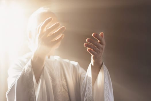 Priest raising his hands at the 'Our Father'. Catholic Liturgy. Celebrating Holy Communion. Eucharistic Prayer. Homily. Prayers of the Faithful. Final Blessing