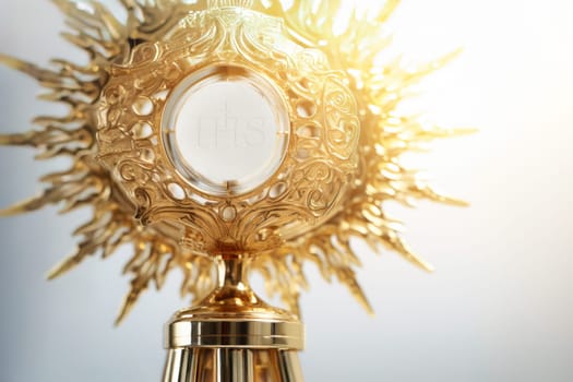 Eucharistic body of Christ. Monstrance embodying spiritual reverence. Consecrated host for adoration. Consecration and Lord’s Prayer. Monstrance on the altar. Catholic mass. Sacred bread. Holy Communion. IHS