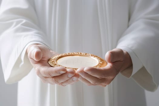 Sacred bread. Eucharistic body of Christ. Priest holding the hostia. Offertory, Eucharistic Prayer, Consecration, Lord’s Prayer. Daily bread. The Most Holy Body and Blood of Christ