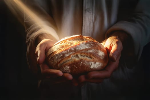 Sacred bread. Eucharistic body of Christ. Man holding a bread. Offertory, Eucharistic Prayer, Consecration, Lord’s Prayer. Daily bread. The Most Holy Body and Blood of Christ