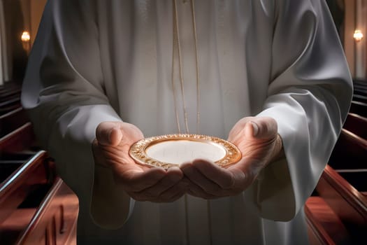 Sacred bread. Eucharistic body of Christ. Priest holding the hostia. Offertory, Eucharistic Prayer, Consecration, Lord’s Prayer. Daily bread. The Most Holy Body and Blood of Christ