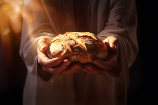 Sacred bread. Eucharistic body of Christ. Man holding a bread. Offertory, Eucharistic Prayer, Consecration, Lord’s Prayer. Daily bread. The Most Holy Body and Blood of Christ