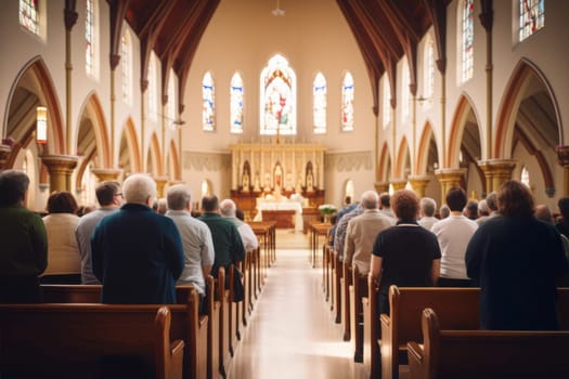The congregation attending the Holy Mass. People praying in a church. Holy mass in Christian church. Listen to the homily during the service. Interior of the cathedral